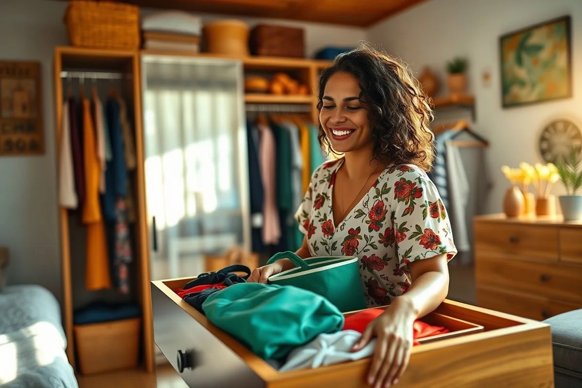 Mulher brasileira organizando roupas em gaveta com organizadores, sorrindo.