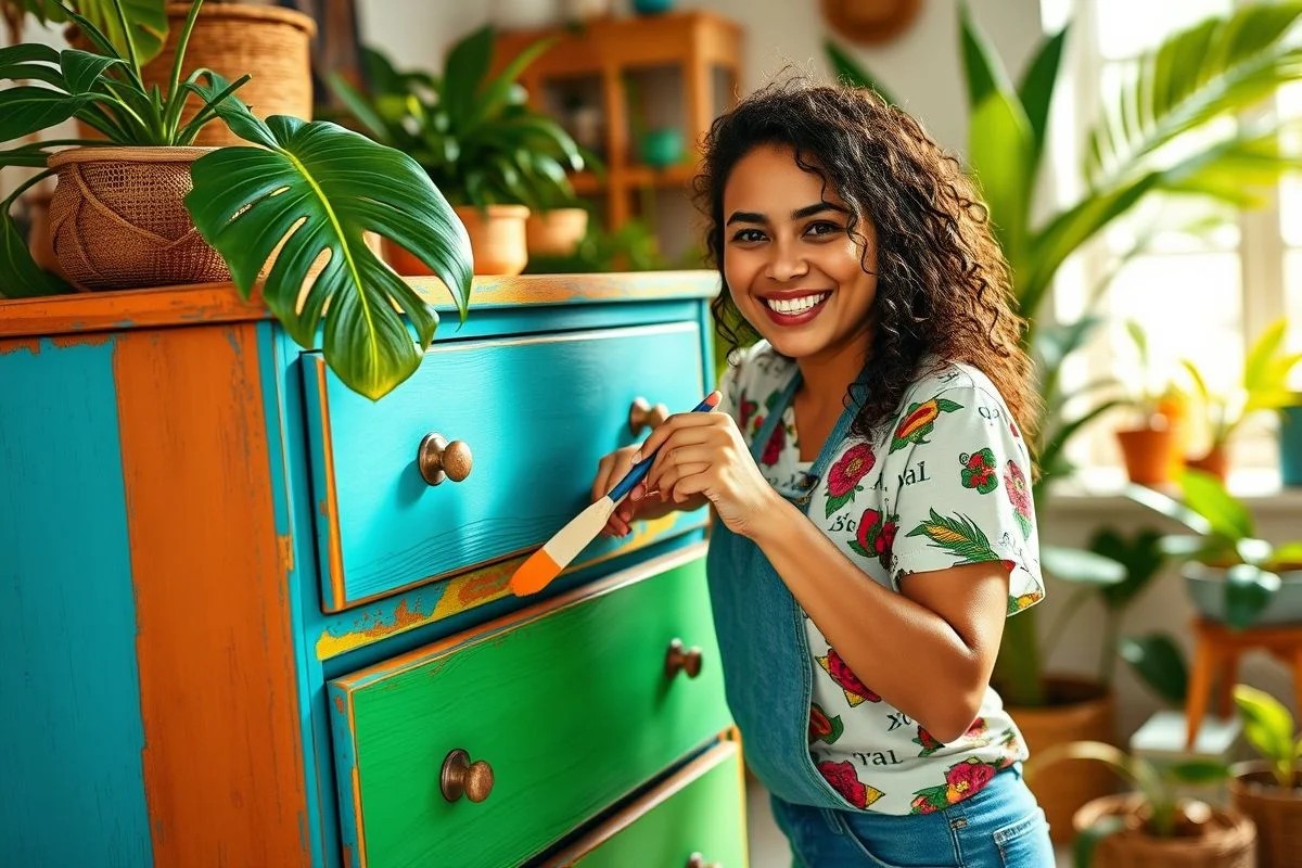 Mulher brasileira pintando móvel antigo em projeto DIY de reforma