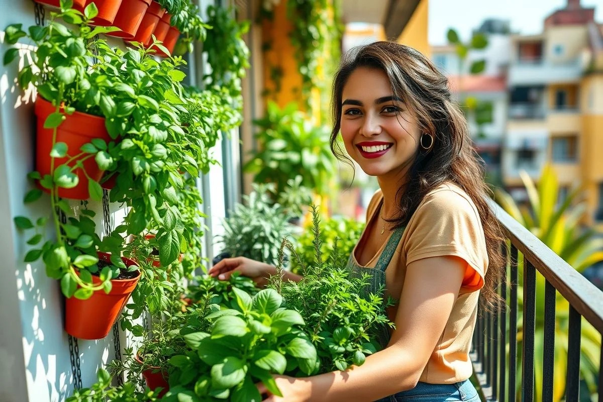 Mulher cuidando de horta vertical de ervas em apartamento no Brasil. Jardinagem urbana.