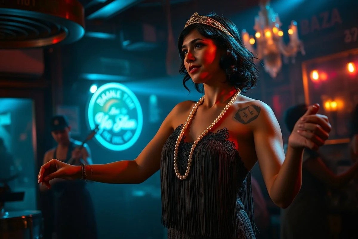 Mulher brasileira dançando jazz nos anos 20.