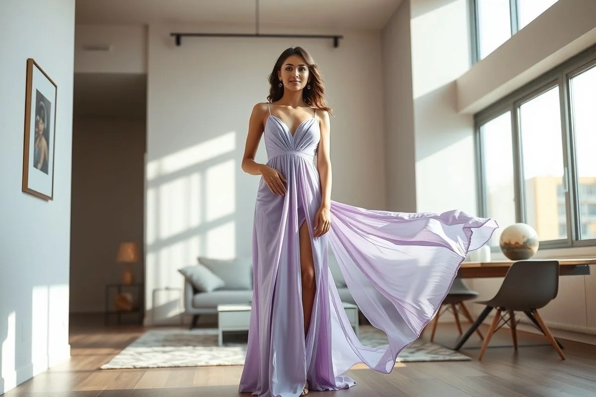 Mulher brasileira com vestido lavanda em apartamento moderno. Estilo elegante e sofisticado.