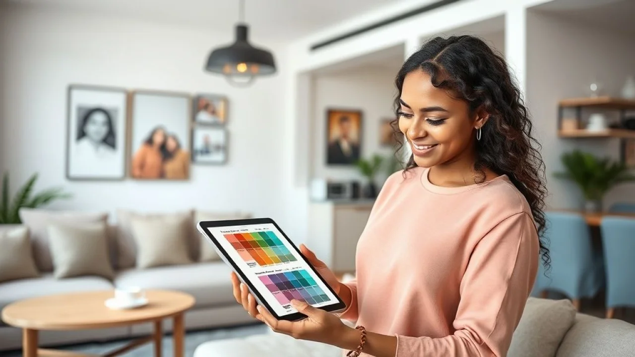Mulher brasileira escolhendo cores análogas em tablet. Design de interiores moderno.