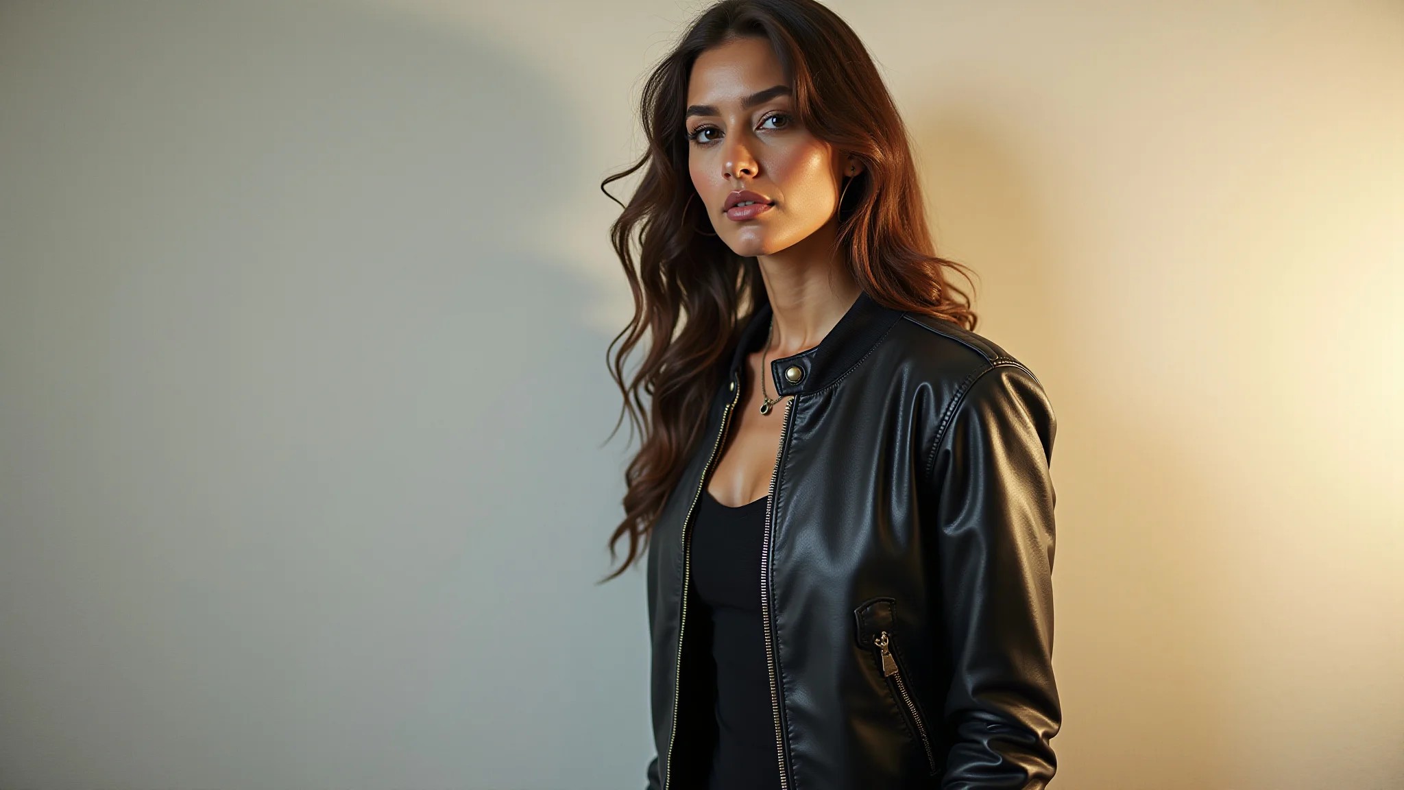 Modelo brasileira com vestido preto e jaqueta bomber de couro.