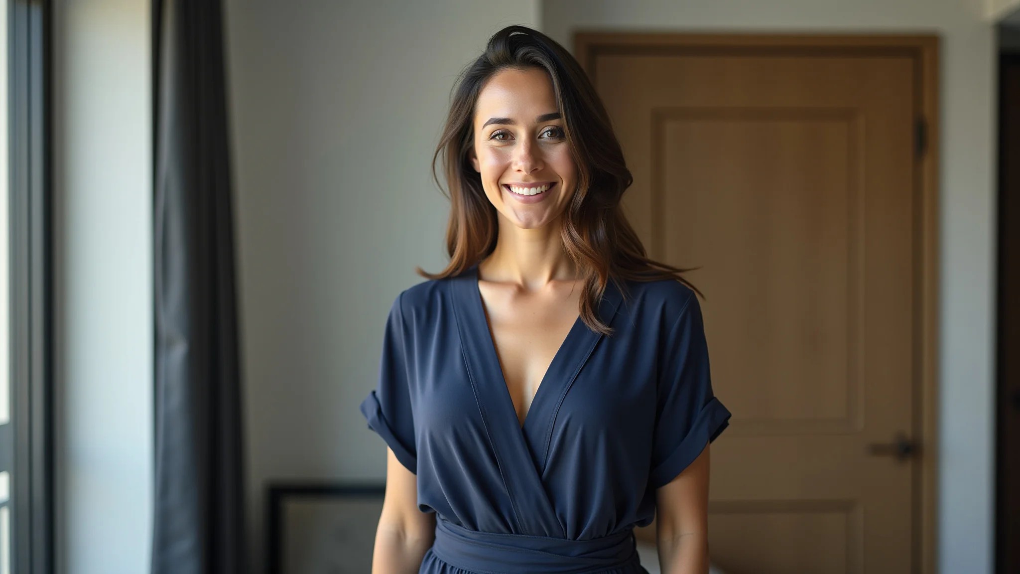 Mulher brasileira em vestido envelope azul marinho, decote V, cintura marcada, em apartamento moderno.