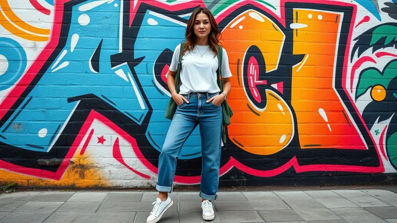Mulher brasileira com jeans boyfriend e camiseta em frente a grafite.