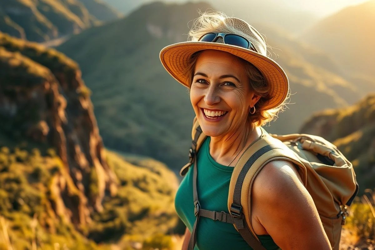 Mulher 50+ trilhando na Chapada Diamantina, estilo de vida ativo.