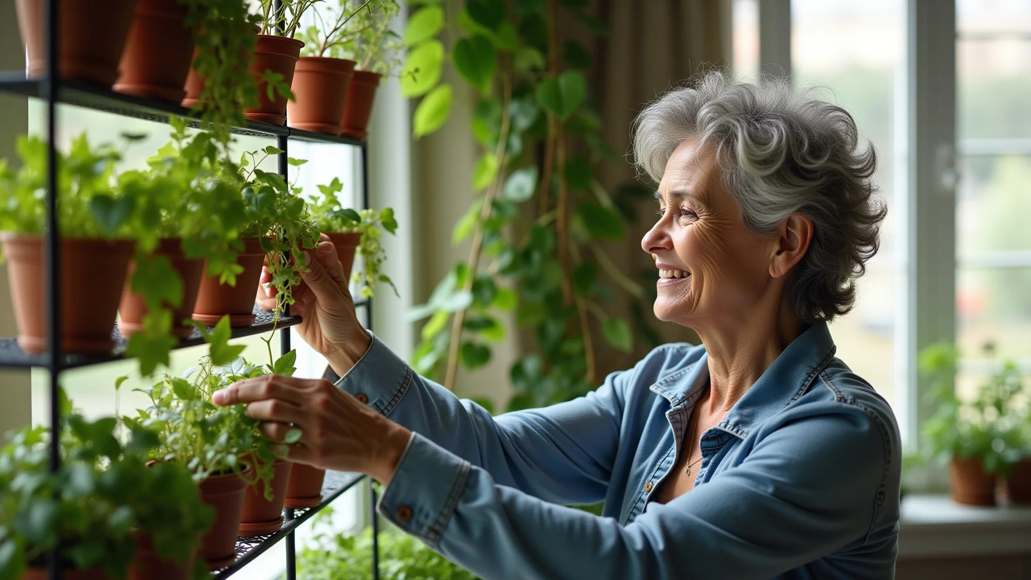 Mulher cuidando de jardim vertical com plantas pendentes de sol.