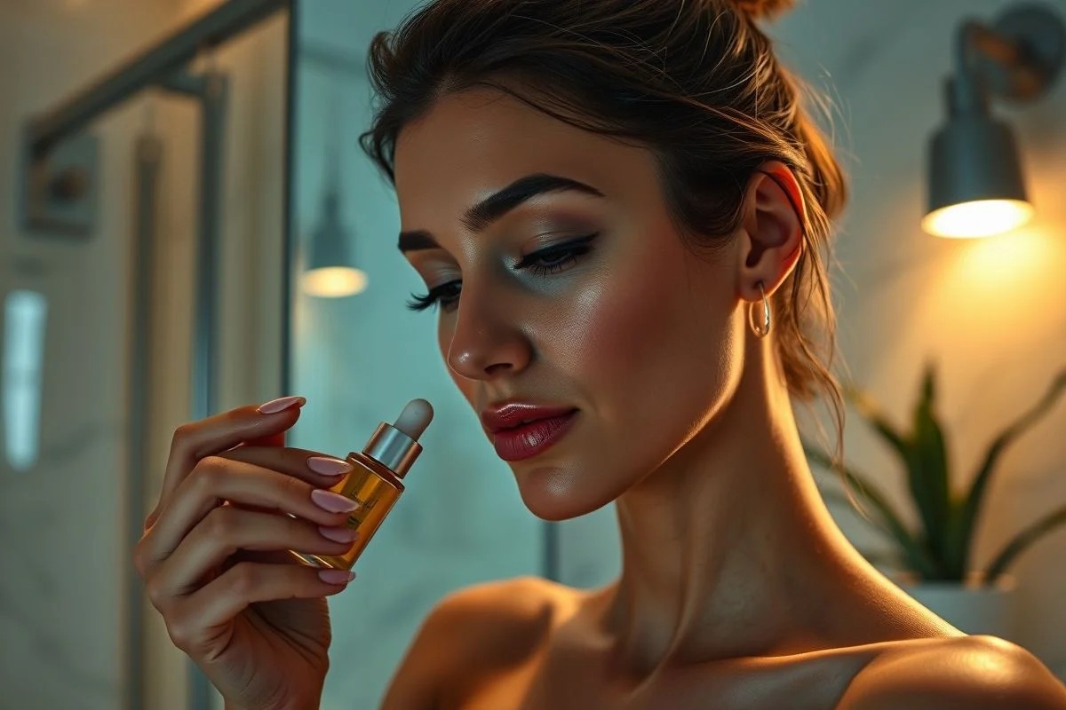 Brasileira aplicando sérum facial à noite. Tratamento noturno.