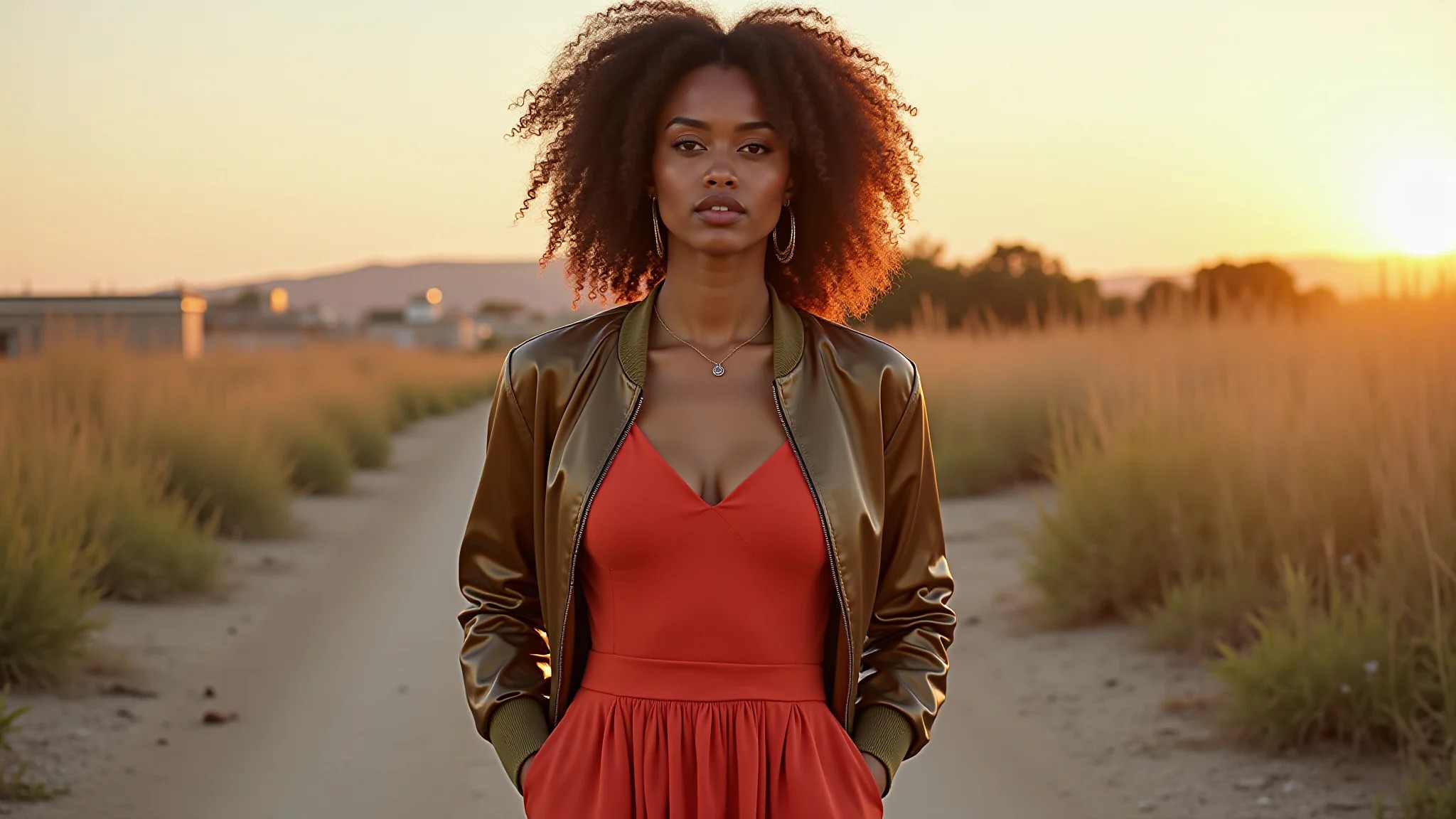 Mulher brasileira com vestido midi e jaqueta bomber de seda.