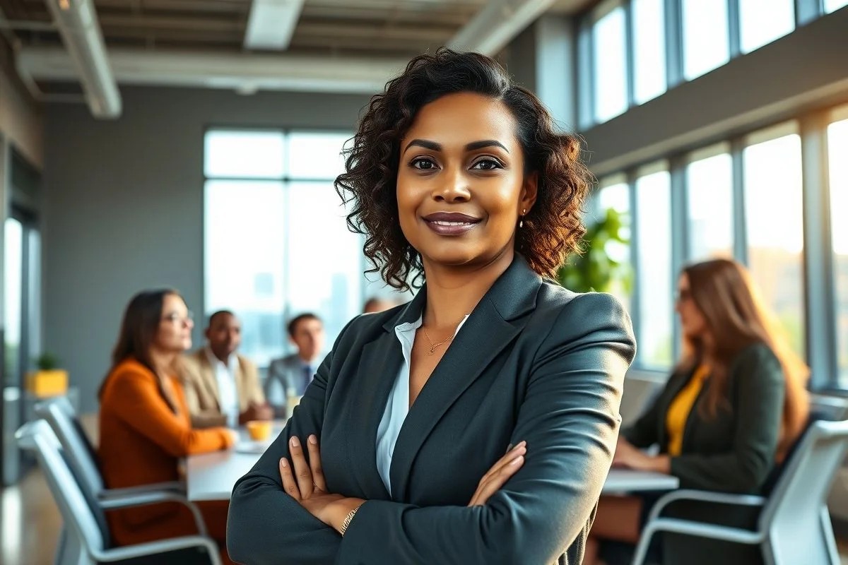 Gerente de projetos brasileira liderando reunião com equipe diversa.