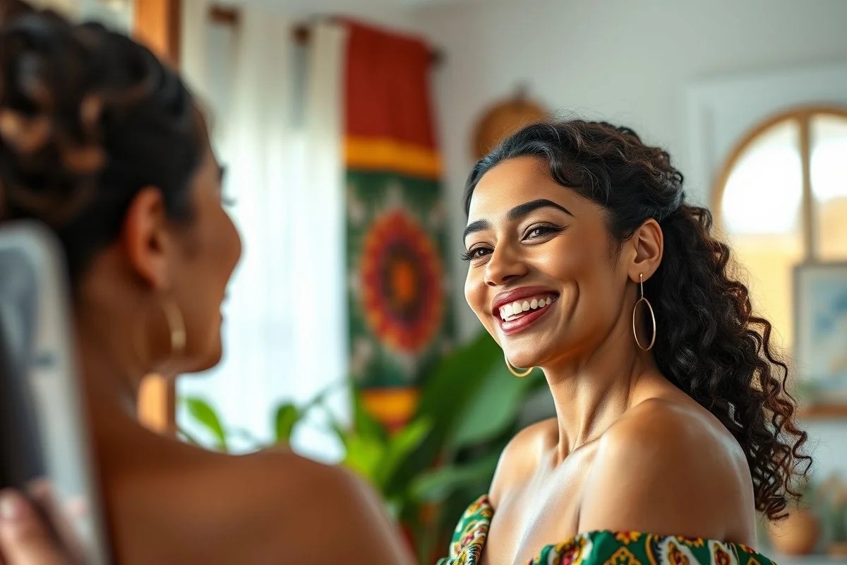 Brasileira sorrindo no espelho. Autoestima e confiança.