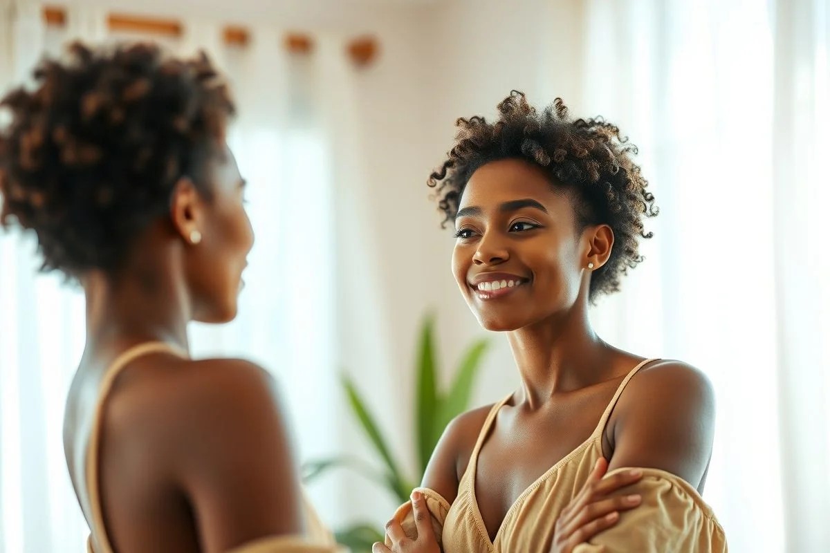 Brasileira se olhando no espelho, praticando amor-próprio.