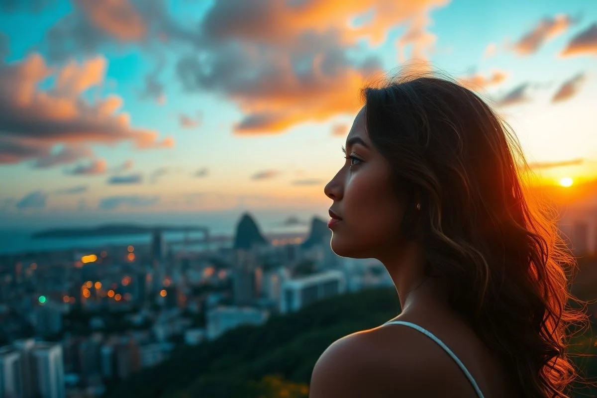 Mulher brasileira refletindo ao nascer do sol no Rio, simbolizando resiliência.