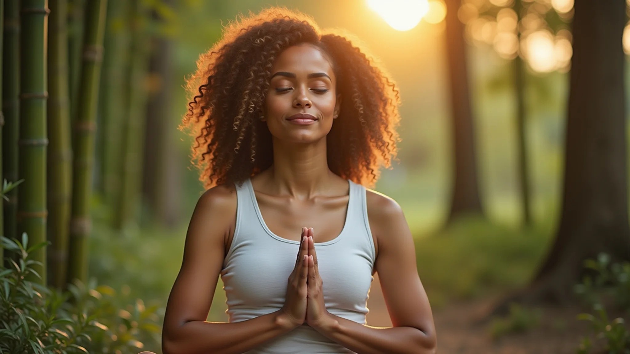 Mulher brasileira meditando em um jardim de bambu.