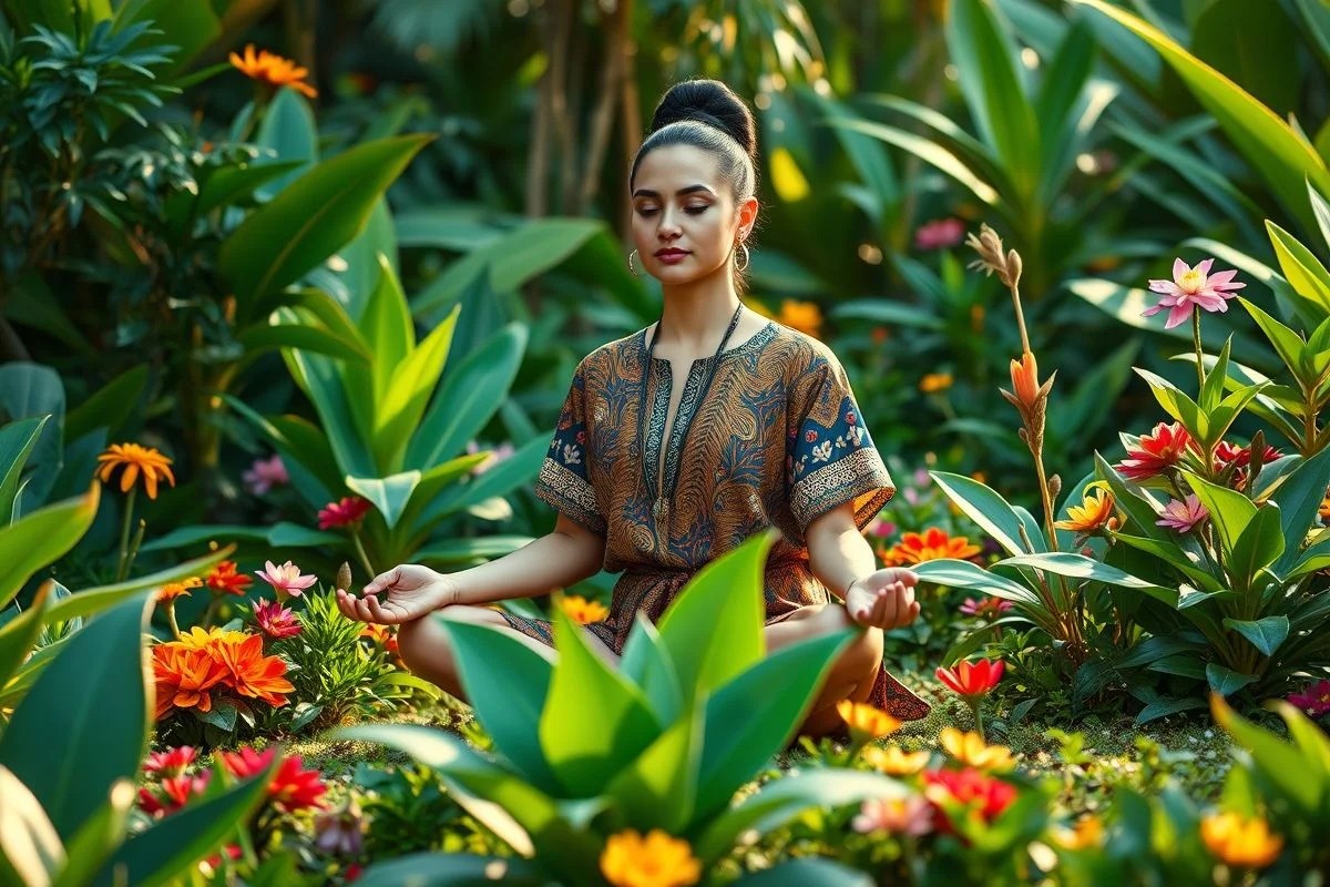 Mulher meditando em jardim, buscando relaxamento e bem-estar.
