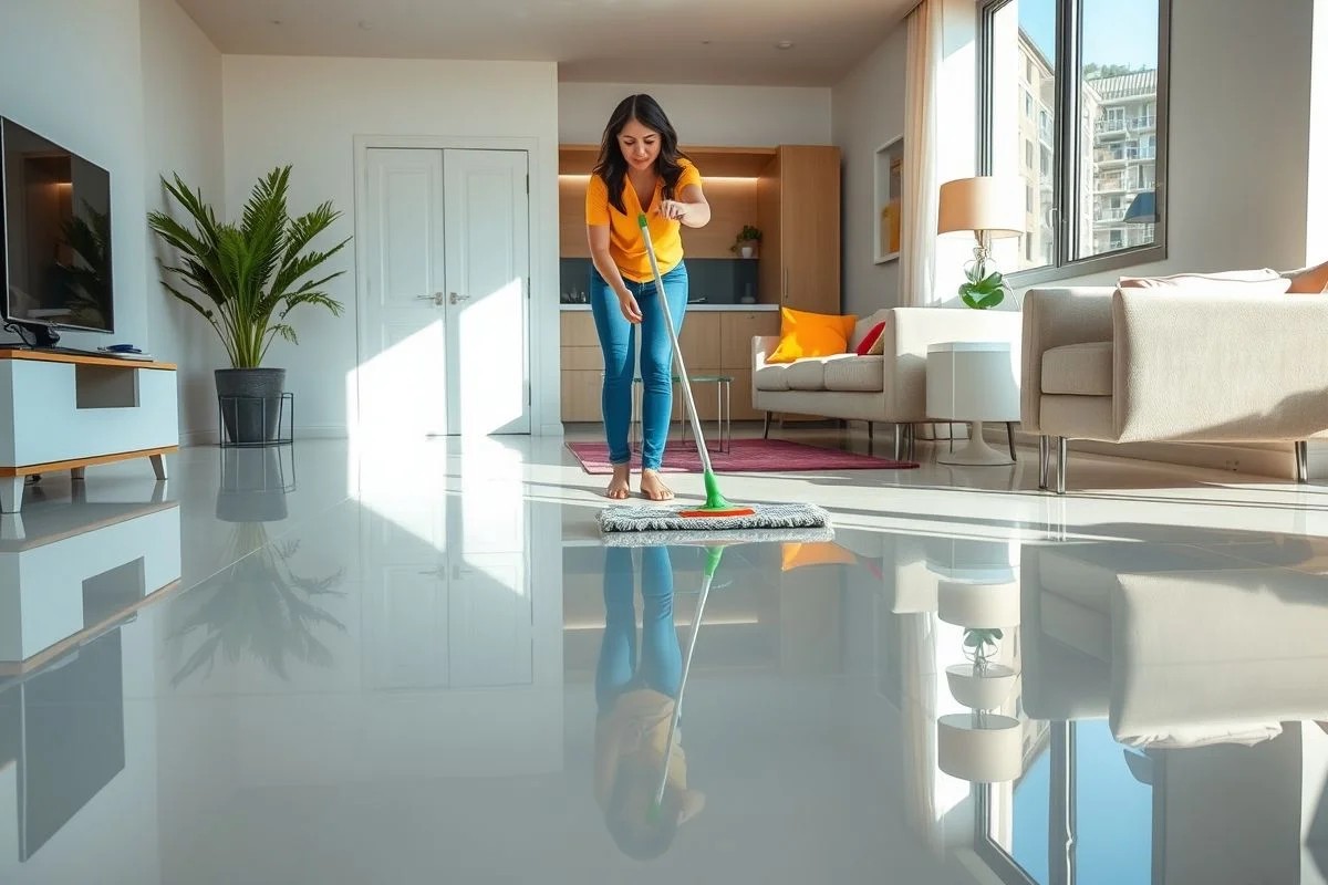 Brasileira limpando piso de porcelanato com produto específico.