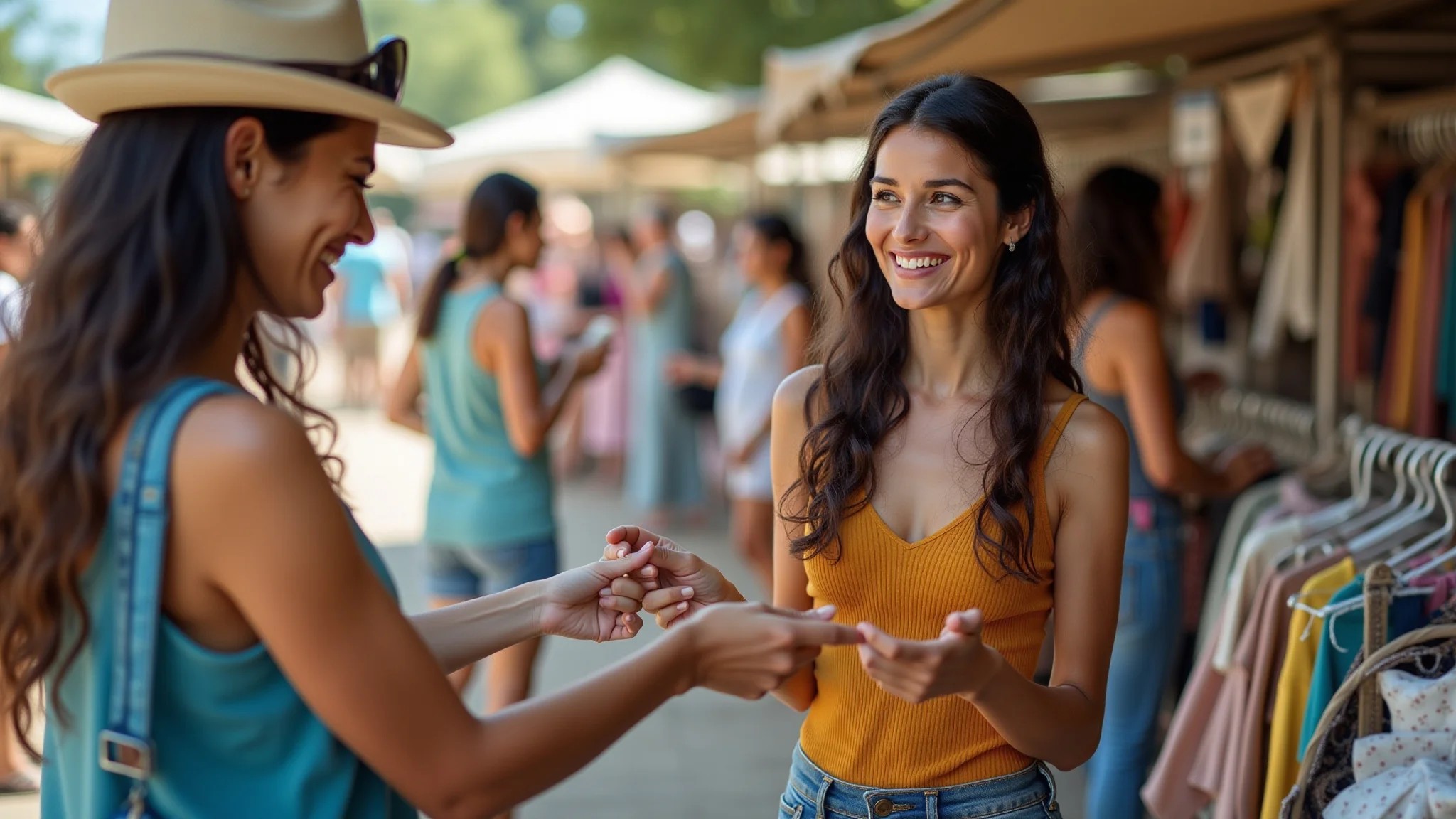Brasileira negociando preço em bazar de moda ao ar livre, dia ensolarado.