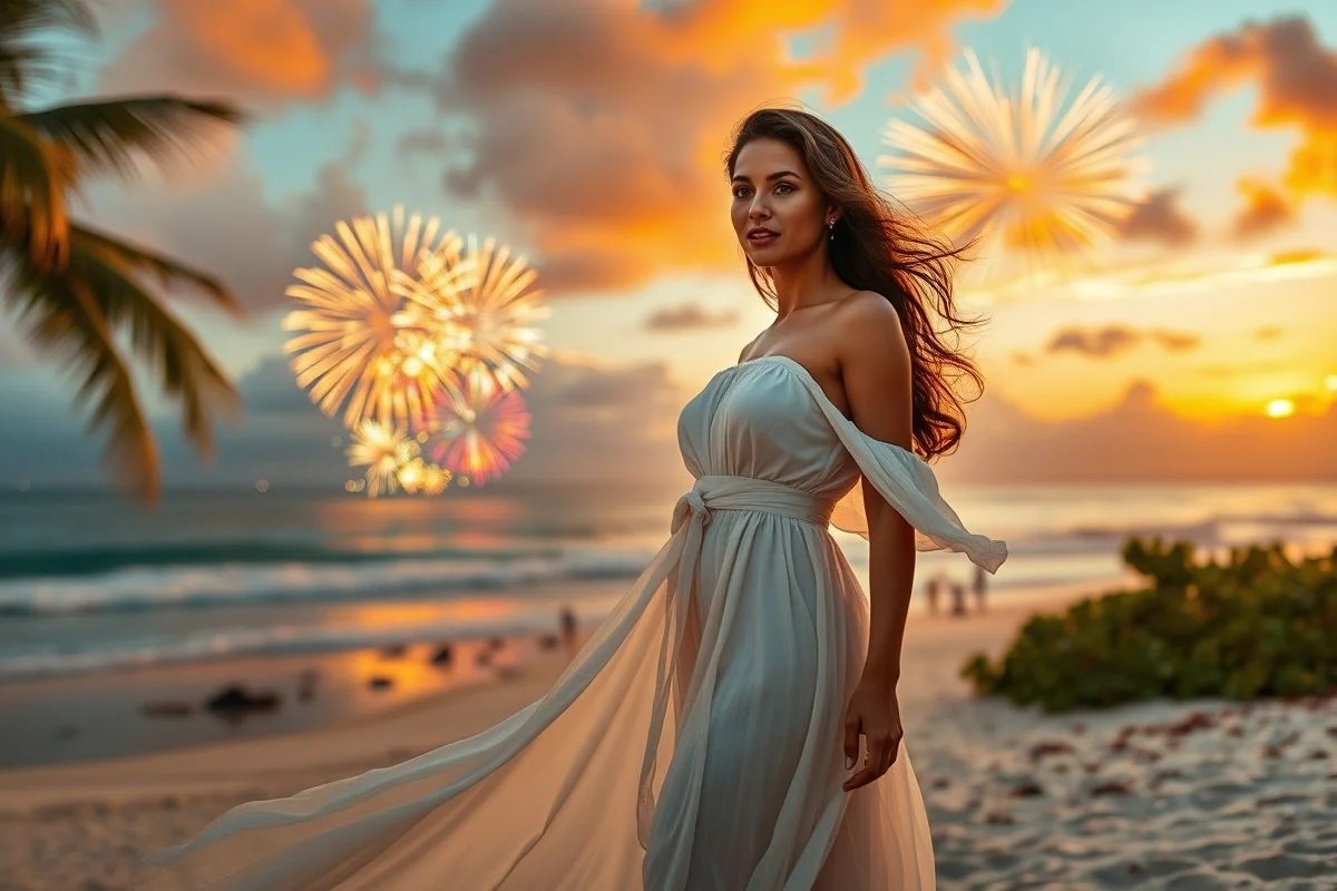 Mulher brasileira na praia de branco, Réveillon, fogos de artifício.