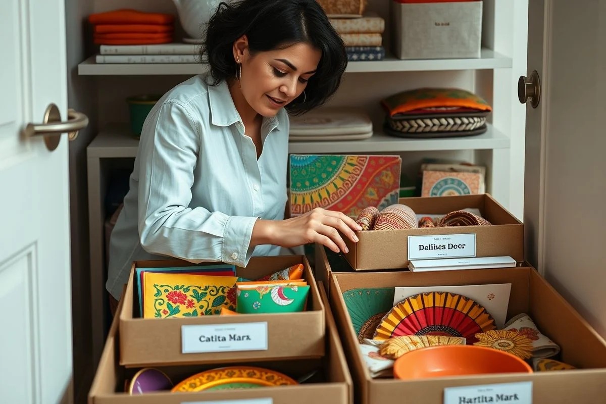 Brasileira organizando kits temáticos de decoração de mesa em armário.