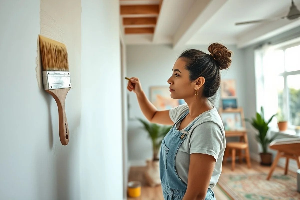 Mulher pintando parede com pincel chato em casa brasileira.