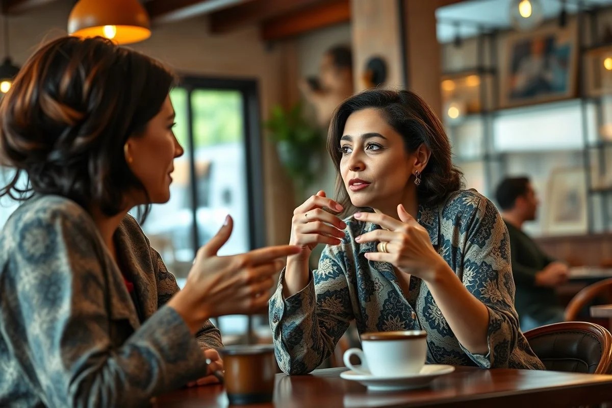 Mulher brasileira estabelecendo limites em conversa, priorizando bem-estar.