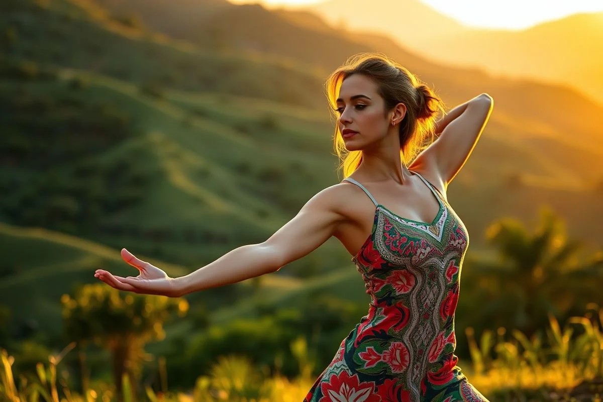 Brasileira praticando yoga ao ar livre, autocuidado e bem-estar.