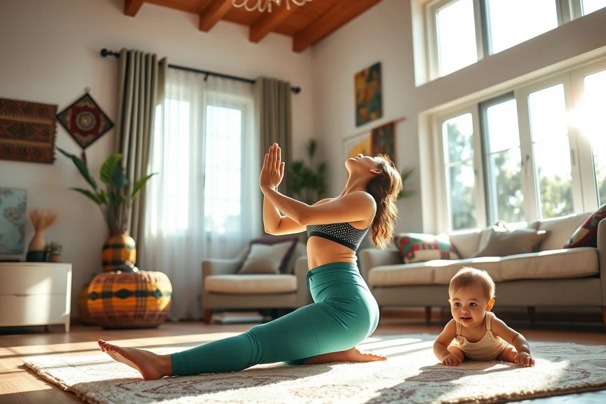Brasileira praticando yoga online em casa com bebê brincando