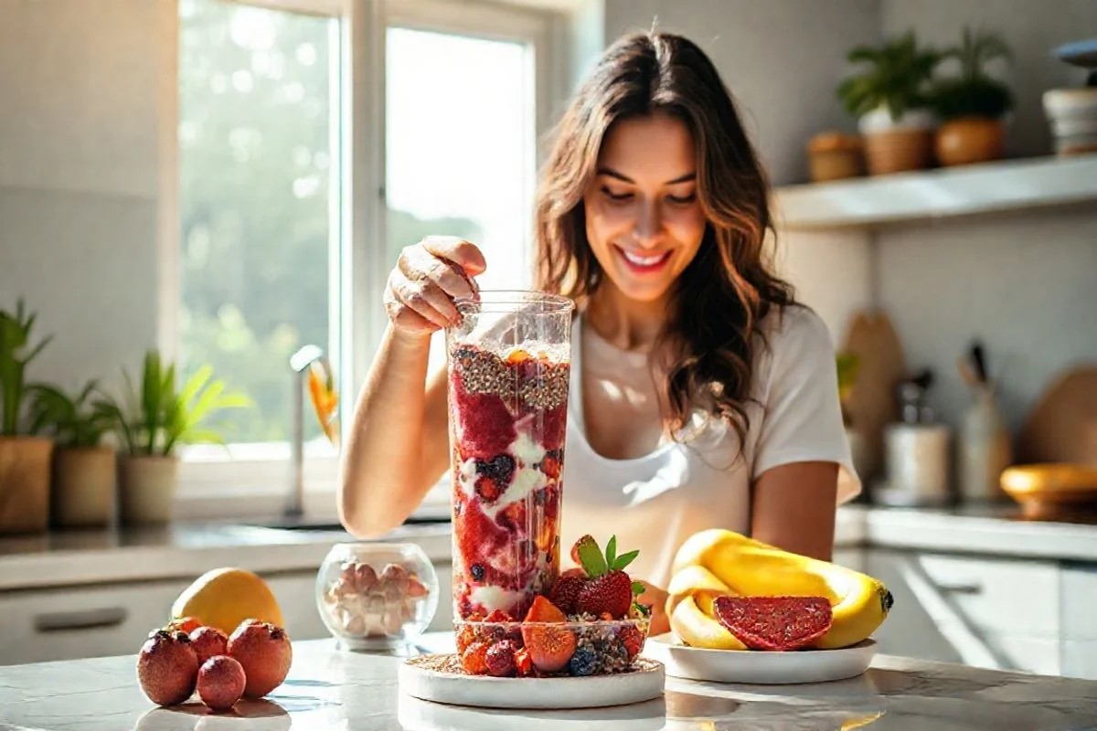 Mulher prepara smoothie energético de frutas vermelhas, Brasil