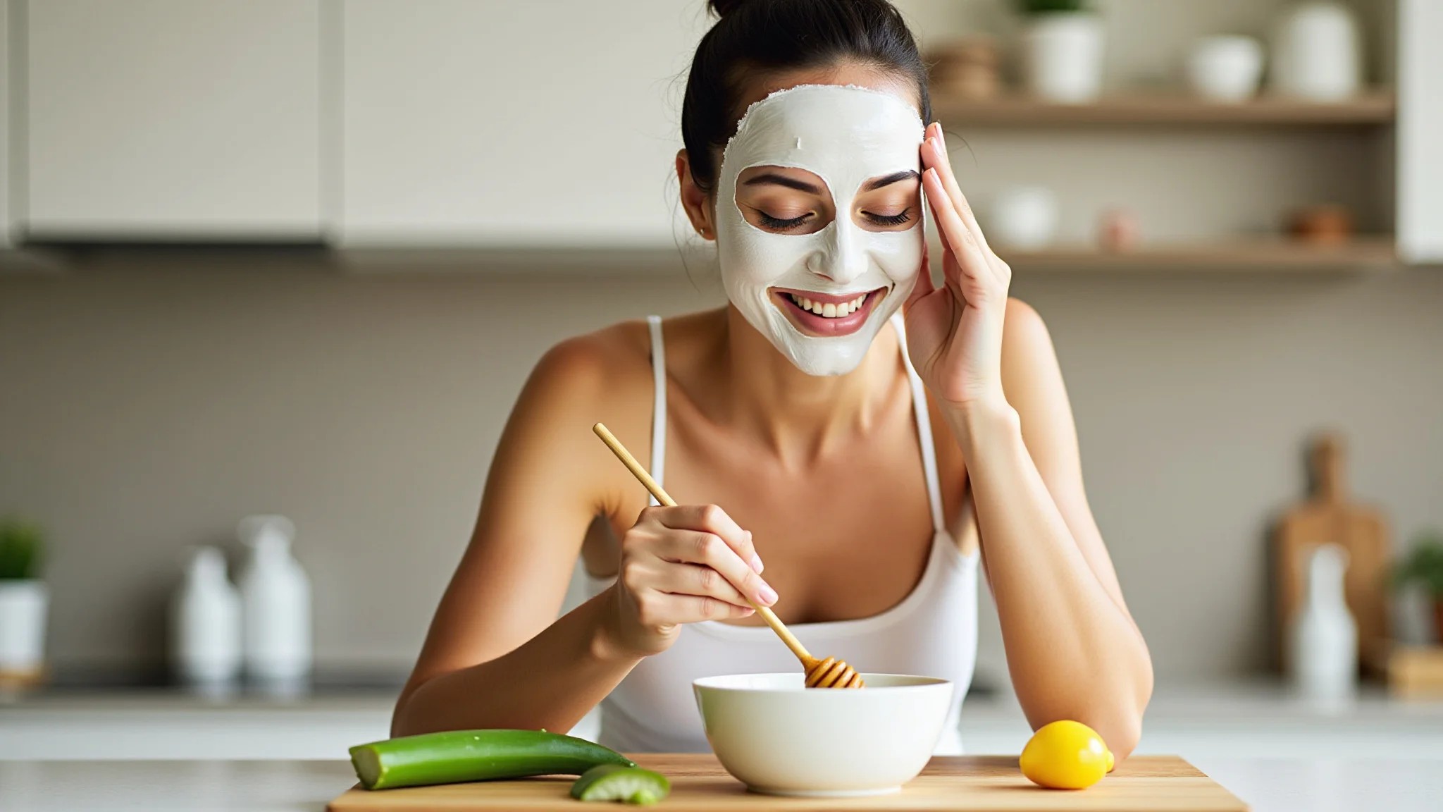 Brasileira preparando máscara facial caseira com ingredientes naturais.
