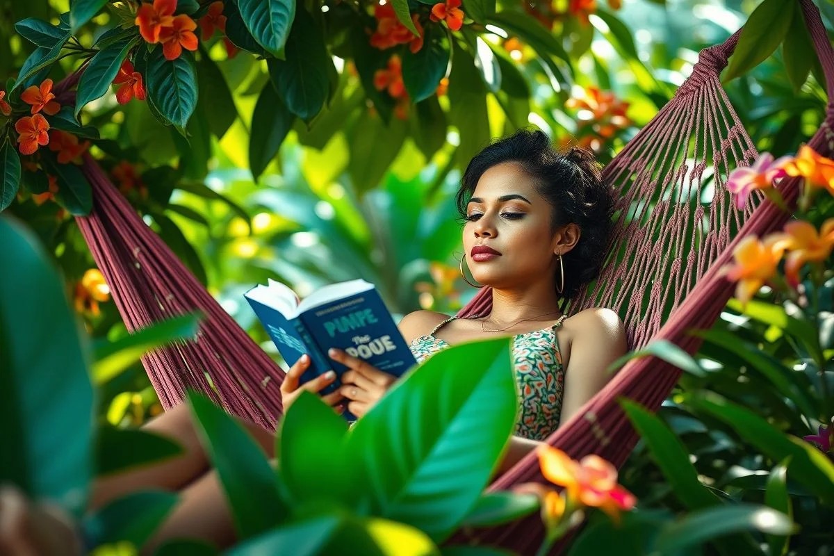 Brasileira lendo livro em rede num jardim ensolarado.