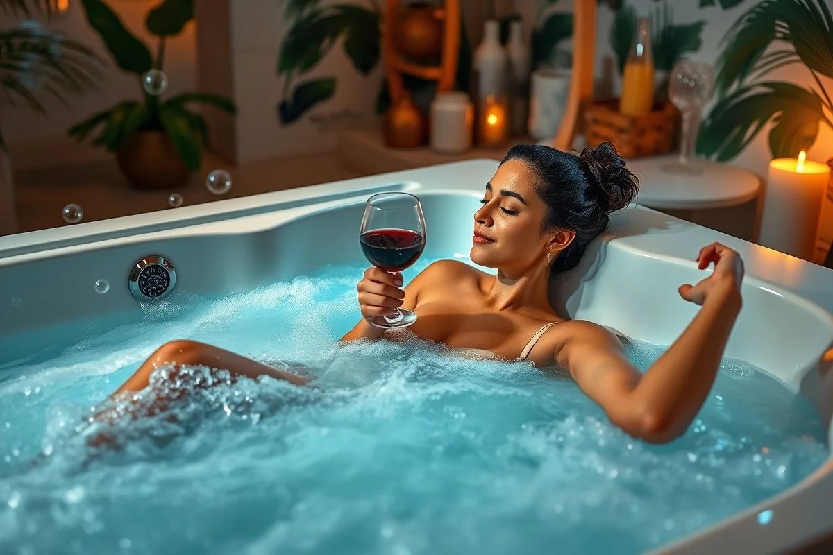 Mulher relaxando em banheira de hidromassagem com vinho, Brasil