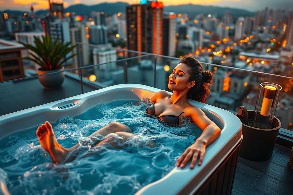Mulher relaxando em jacuzzi na cobertura com vista para a cidade ao pôr do sol.