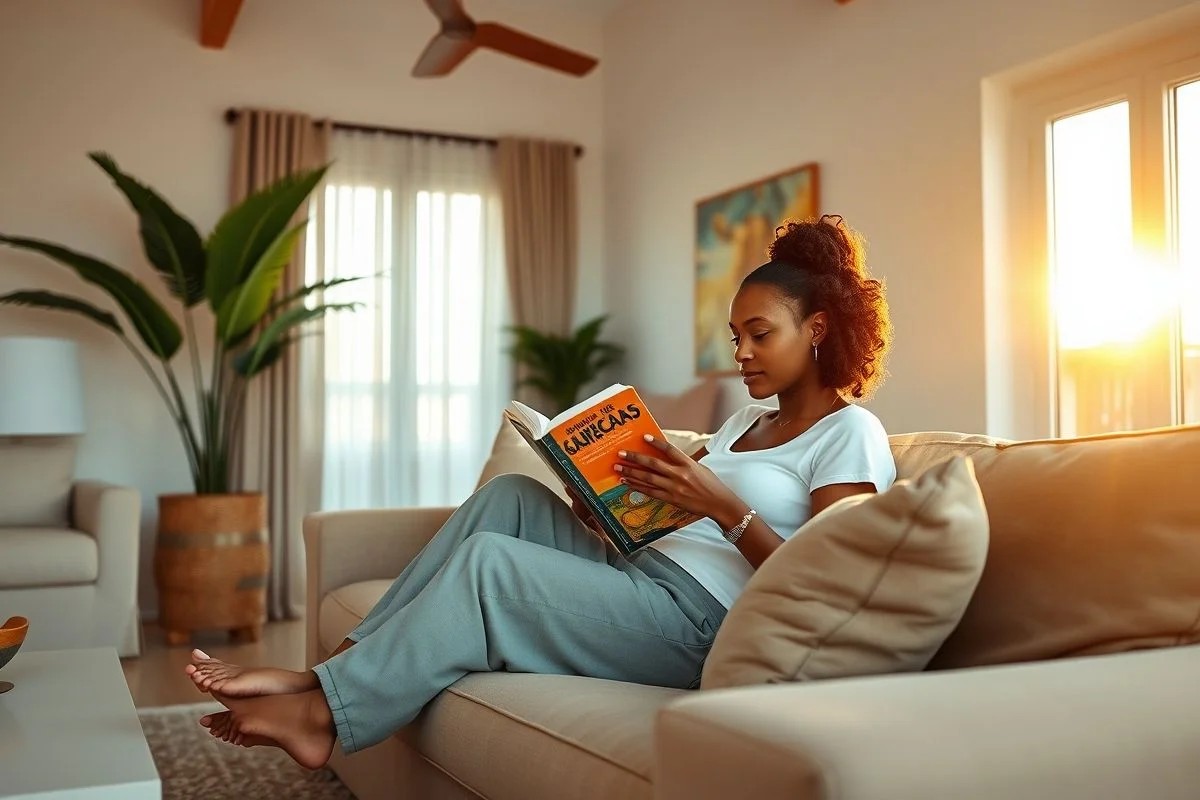 Mulher relaxando em sala minimalista, lendo livro no sofá