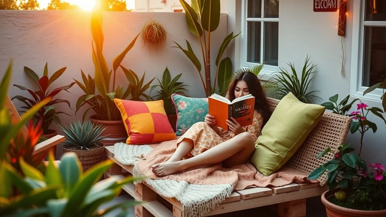 Mulher relaxando em pátio pequeno com sofá de paletes e plantas. Refúgio particular em casa.
