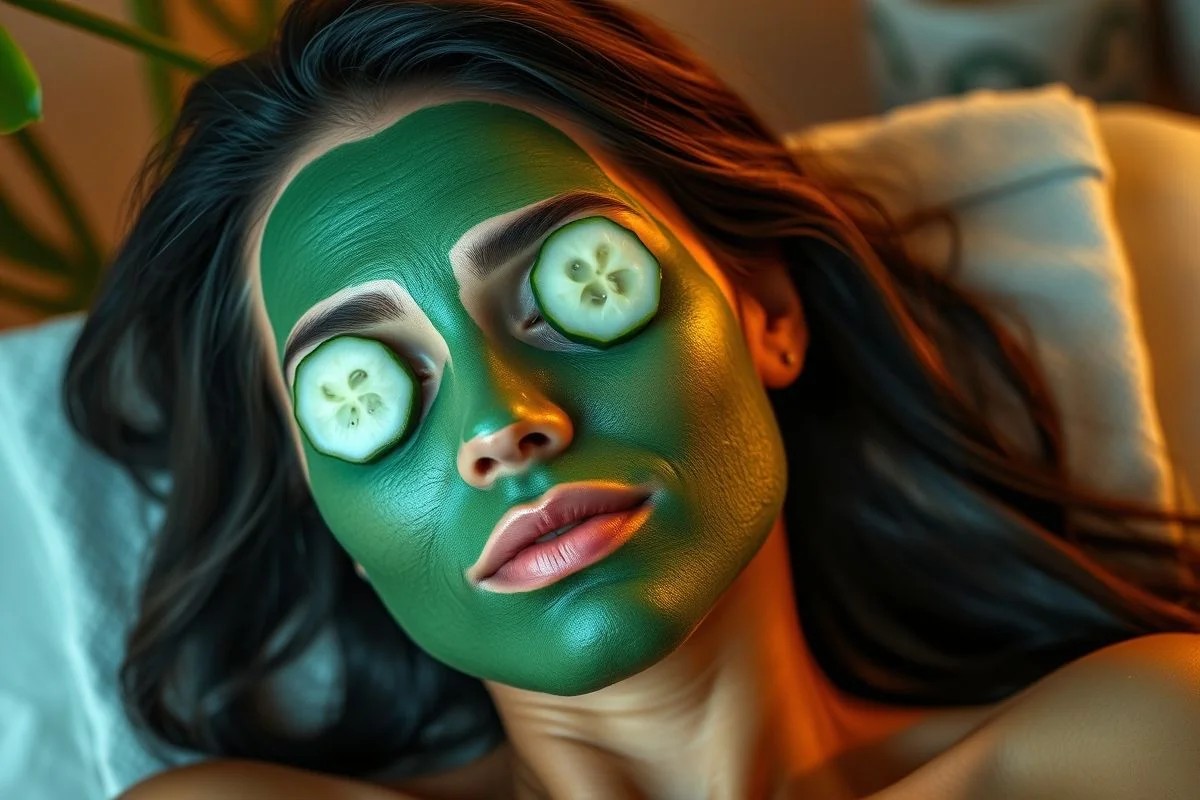 Mulher brasileira relaxando com máscara de argila verde e pepino nos olhos.