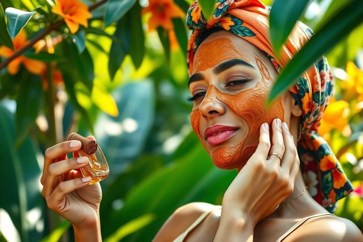 Mulher brasileira relaxando com máscara caseira de mel e canela.