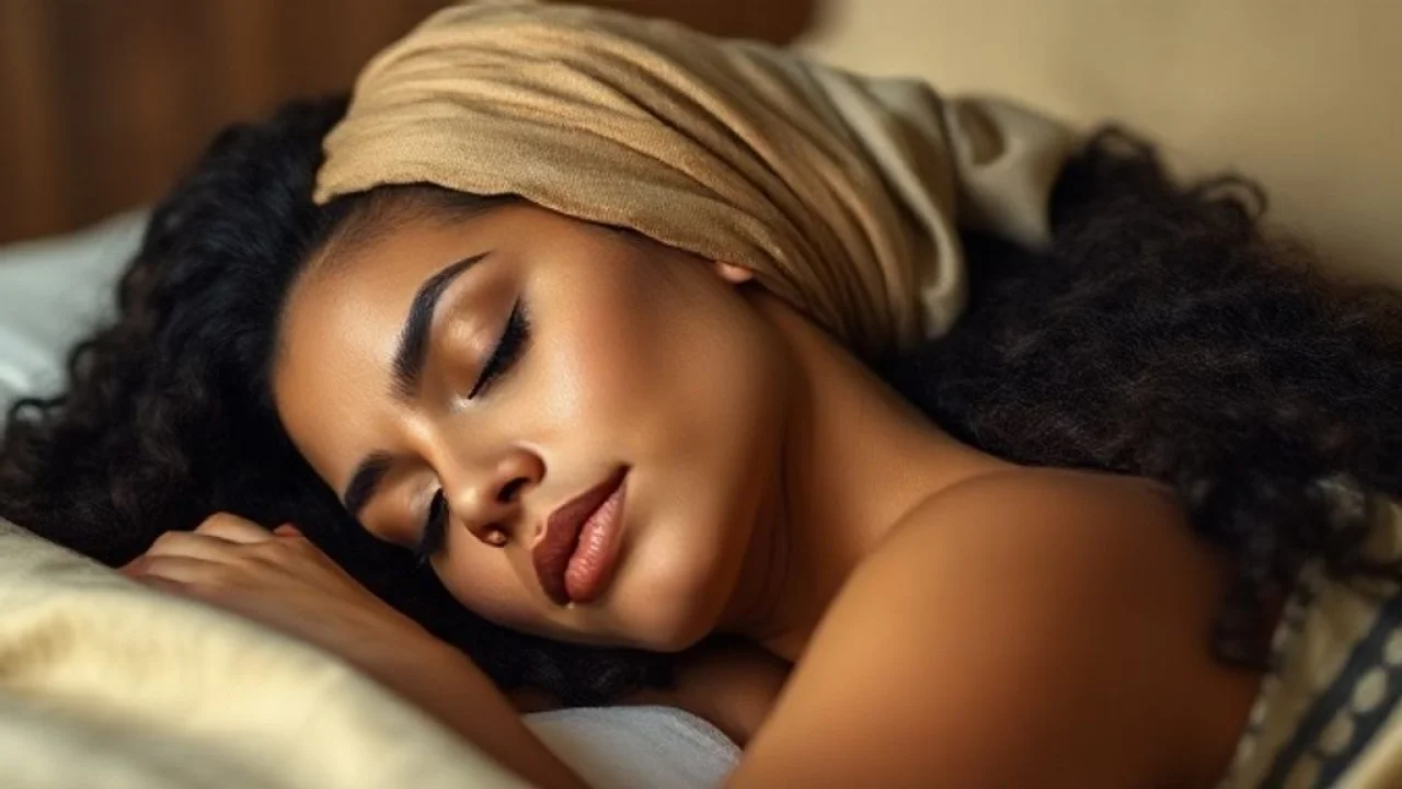 Umectação noturna: mulher dormindo com cabelo protegido por lenço de seda.