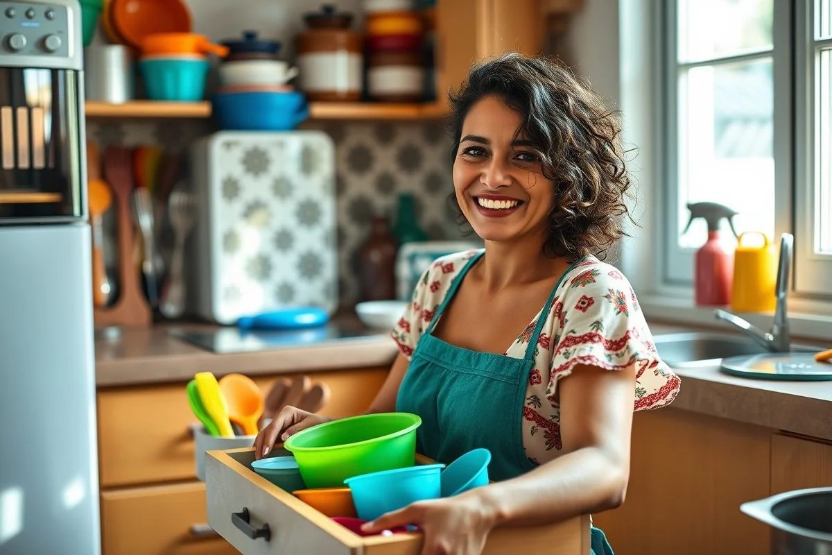 Mulher brasileira organizando gavetas da cozinha, sorriso no rosto.