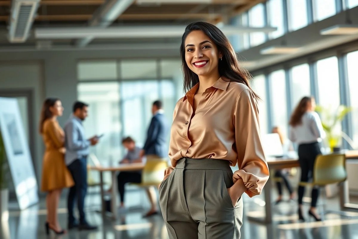 Mulher brasileira confiante em look casual elegante no trabalho