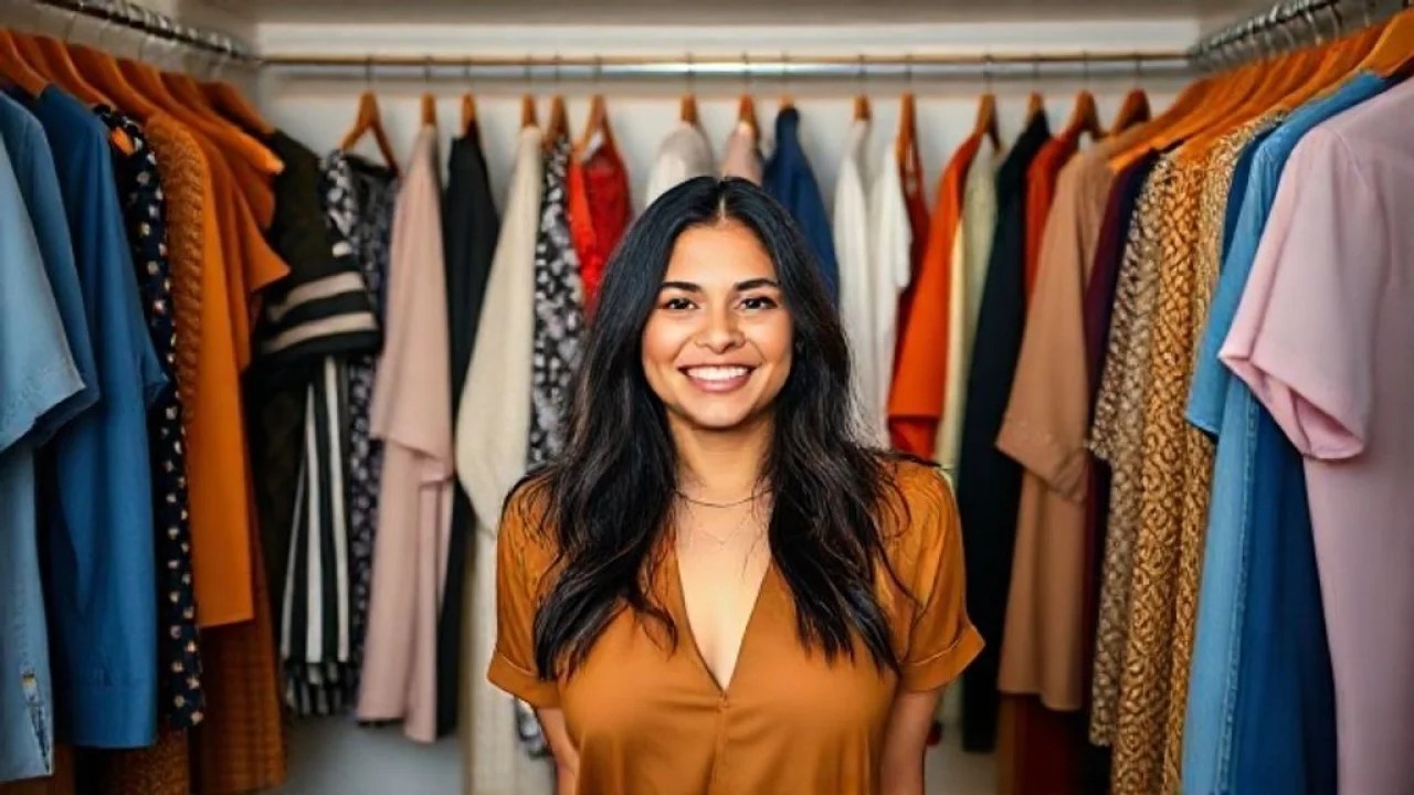 Mulher brasileira sorrindo em frente ao closet com roupas variadas. Moda e auto-expressão.