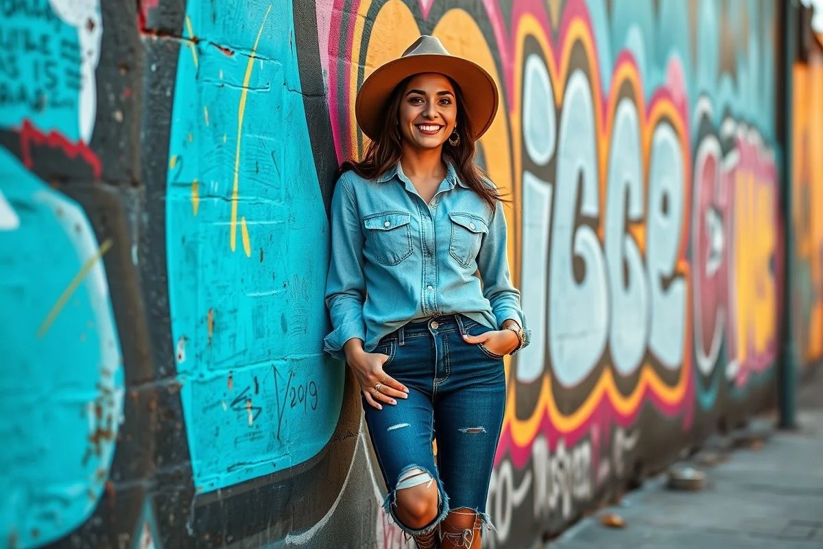 Look jeans com jeans: mulher estilosa com camisa e calça jeans destroyed.