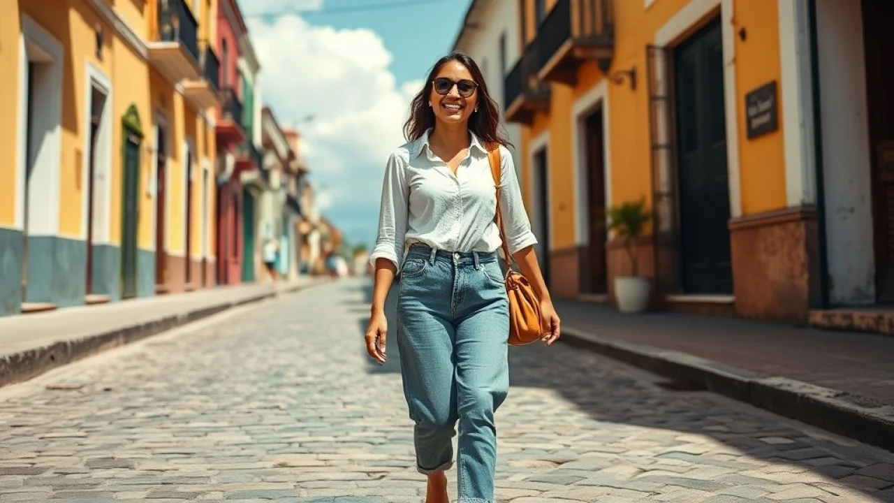 Mulher brasileira sorrindo com mule bege em rua ensolarada de Salvador