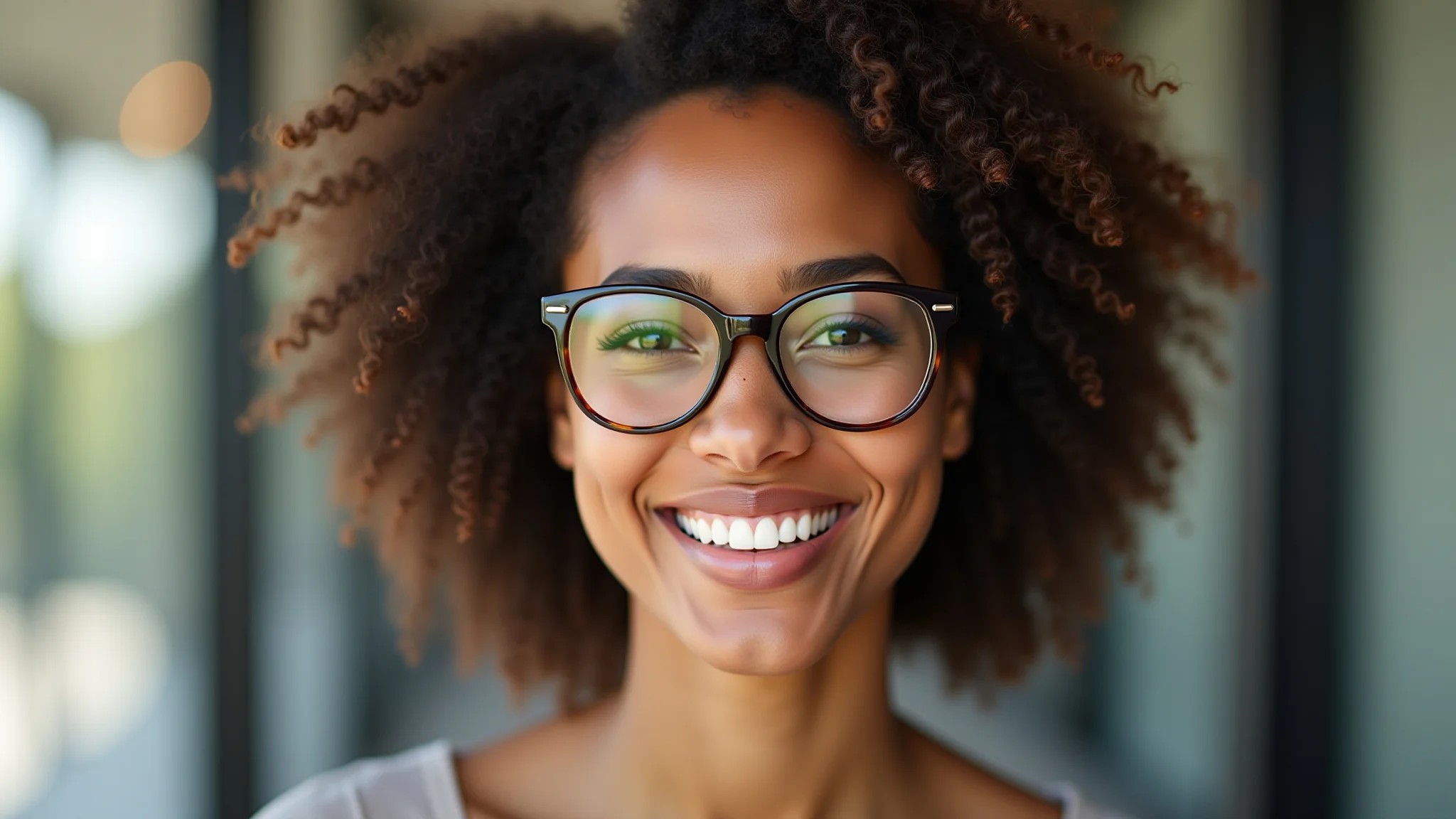 Mulher brasileira sorrindo, usando óculos retangulares estilosos para rosto redondo.