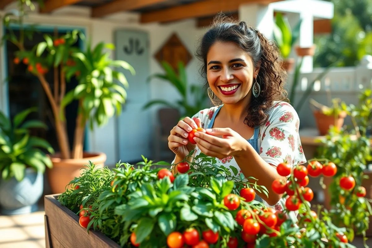 Mulher colhendo tomates cereja em horta de vasos, sorriso radiante.