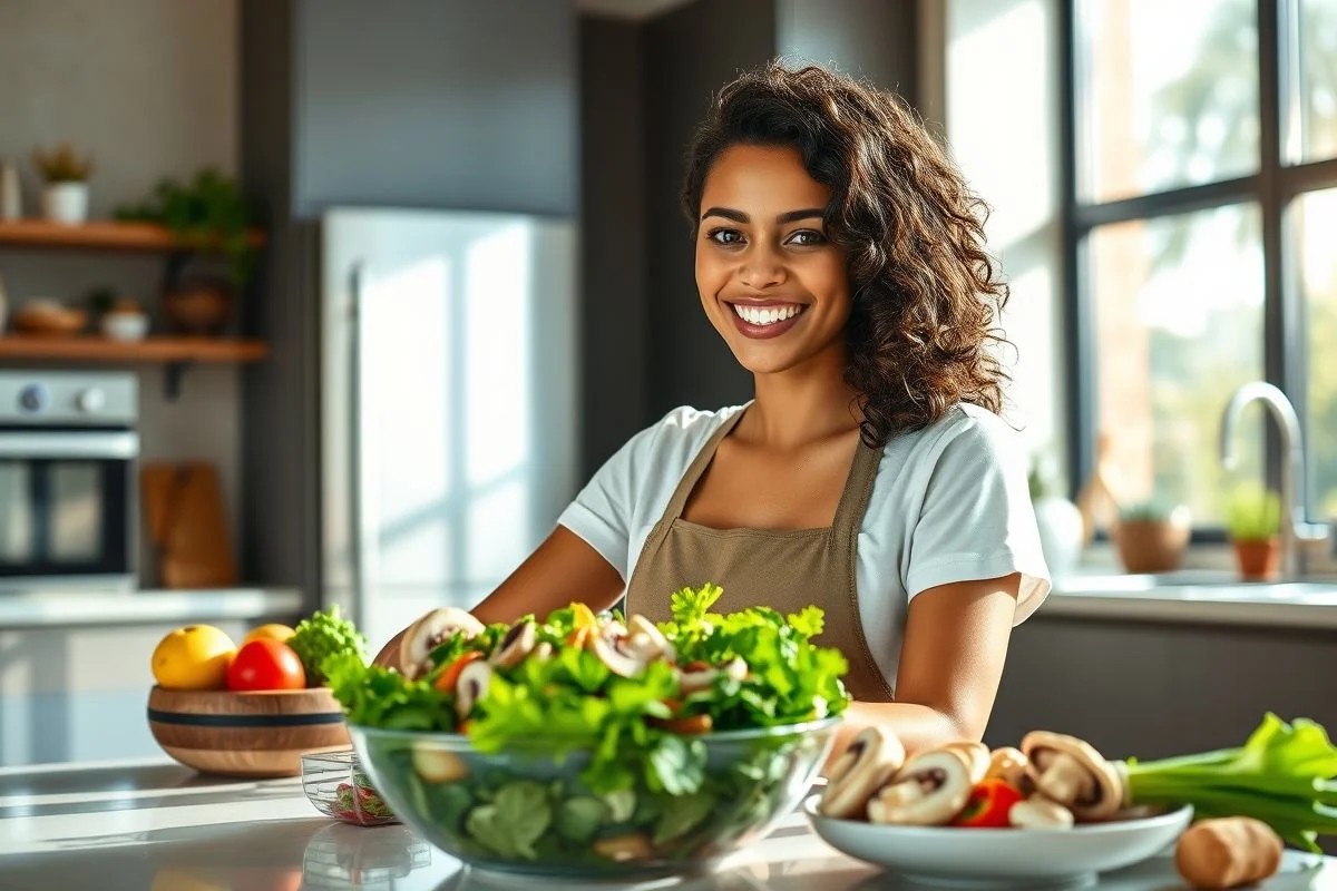 Mulher brasileira preparando salada com champignon na cozinha.