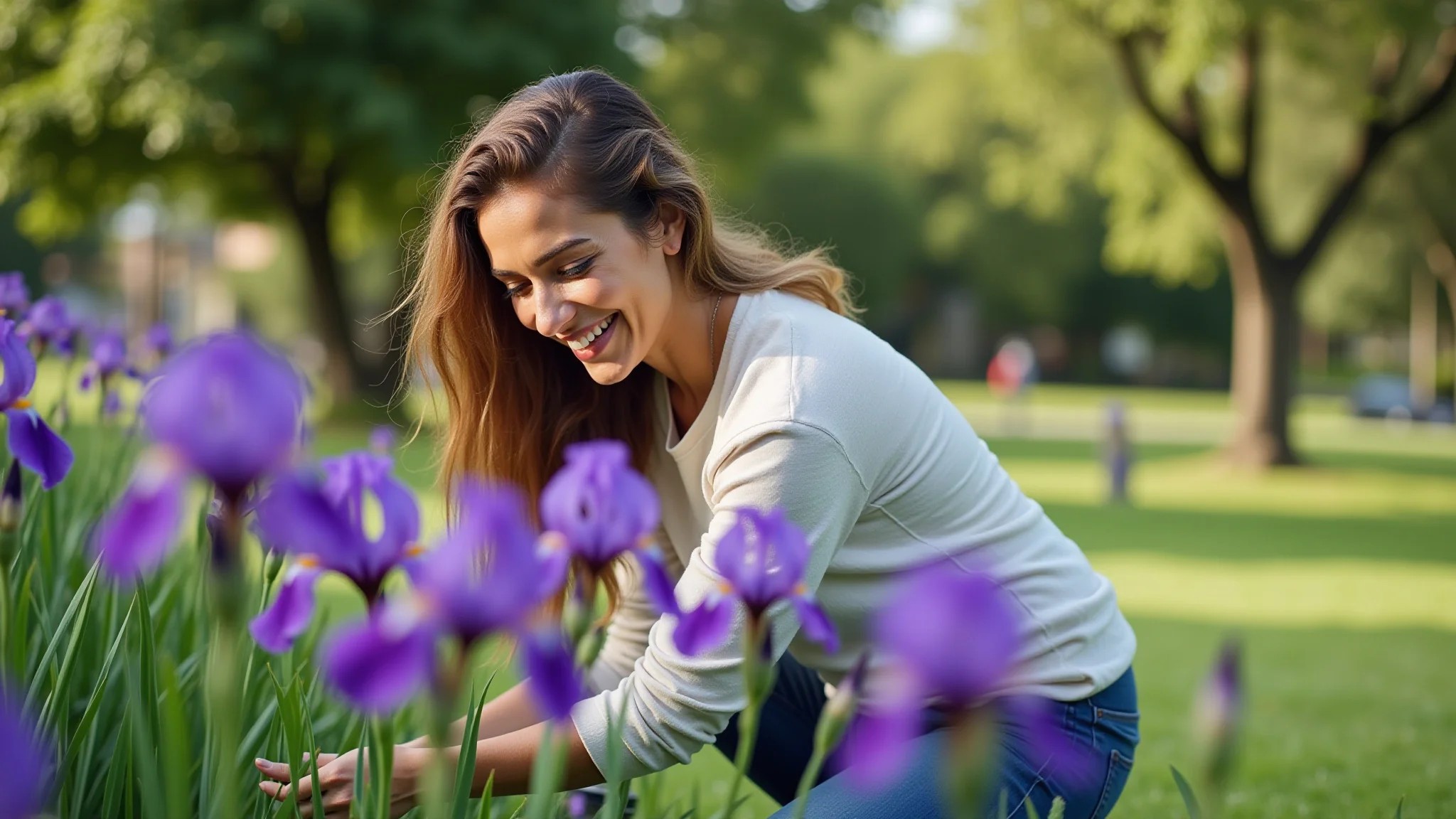 Mulher cuidando de um jardim de íris roxas, luz natural, cores vibrantes.