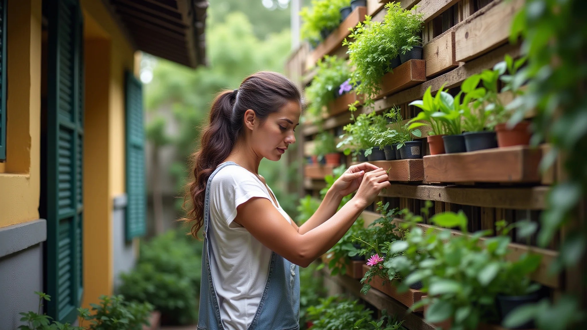 Mulher cuidando de um jardim vertical feito de paletes, cheio de ervas e flores em um jardim brasileiro.
