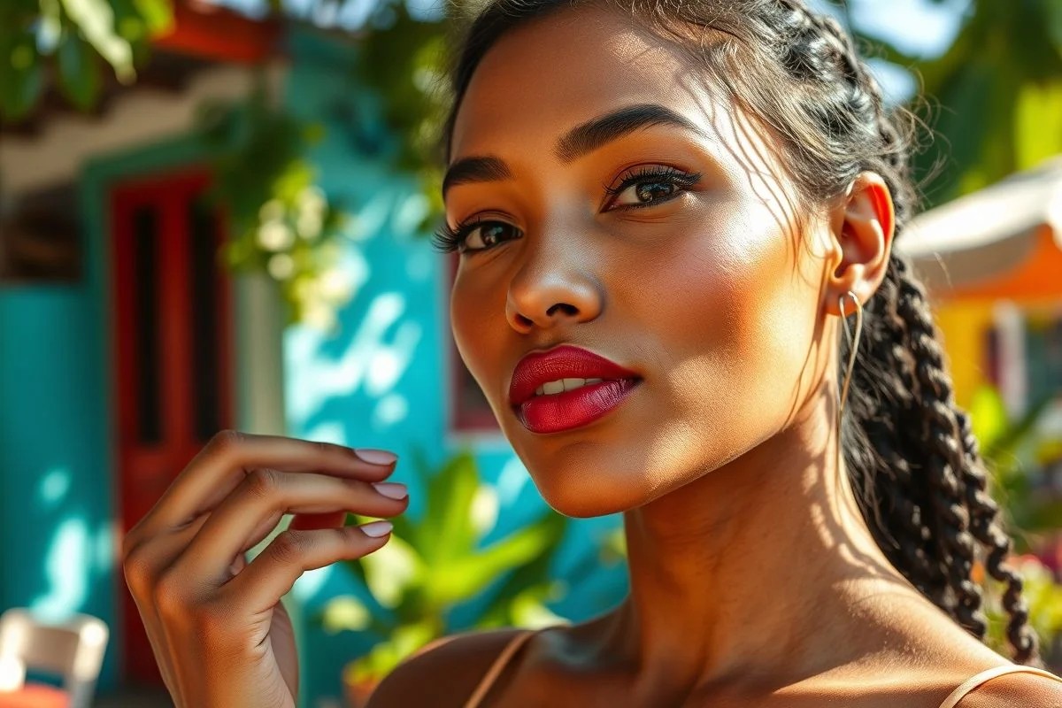 Mulher brasileira testando cor de base na mandíbula à luz natural.
