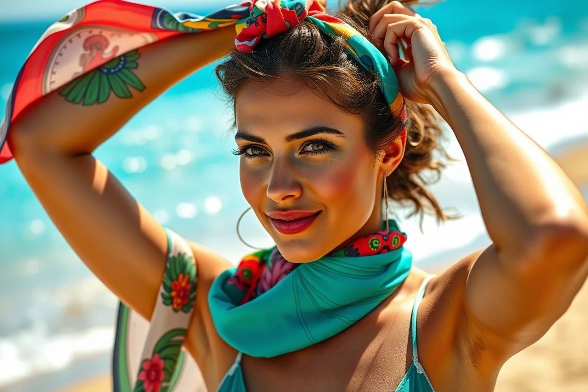 Mulher brasileira amarrando lenço colorido em penteado meio preso