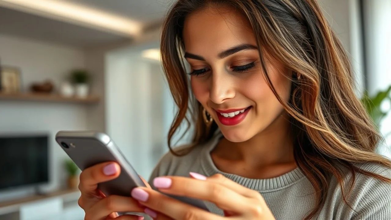 Mulher brasileira desbloqueando celular com reconhecimento facial: praticidade e segurança.